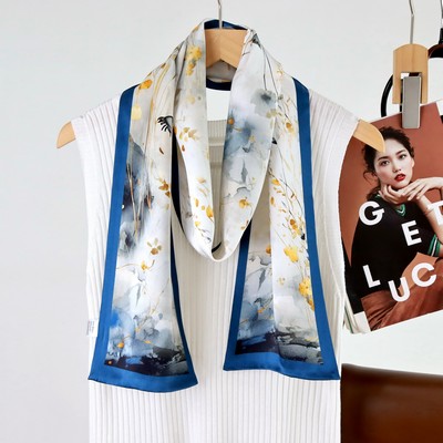 Custom 5.9" x 57" 100% Silk Long Neck Scarf Double Sides Silk Satin Handbag Wrap