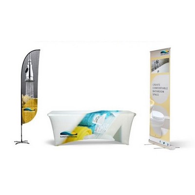 Retractable Banner Indoor Kit w Dye Sub 12' 2-sided Feather Flag, 6' Table Cover & Roll-up Banner